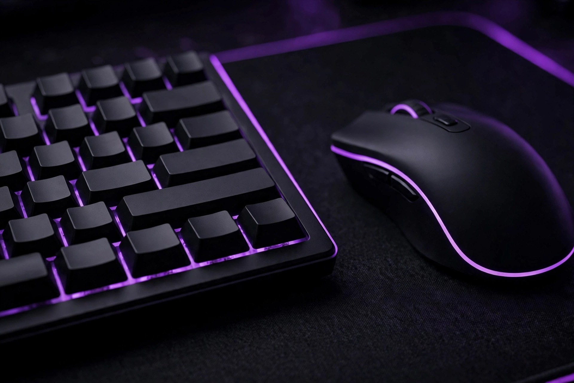 Close-up of a backlit gaming keyboard and mouse with purple glow