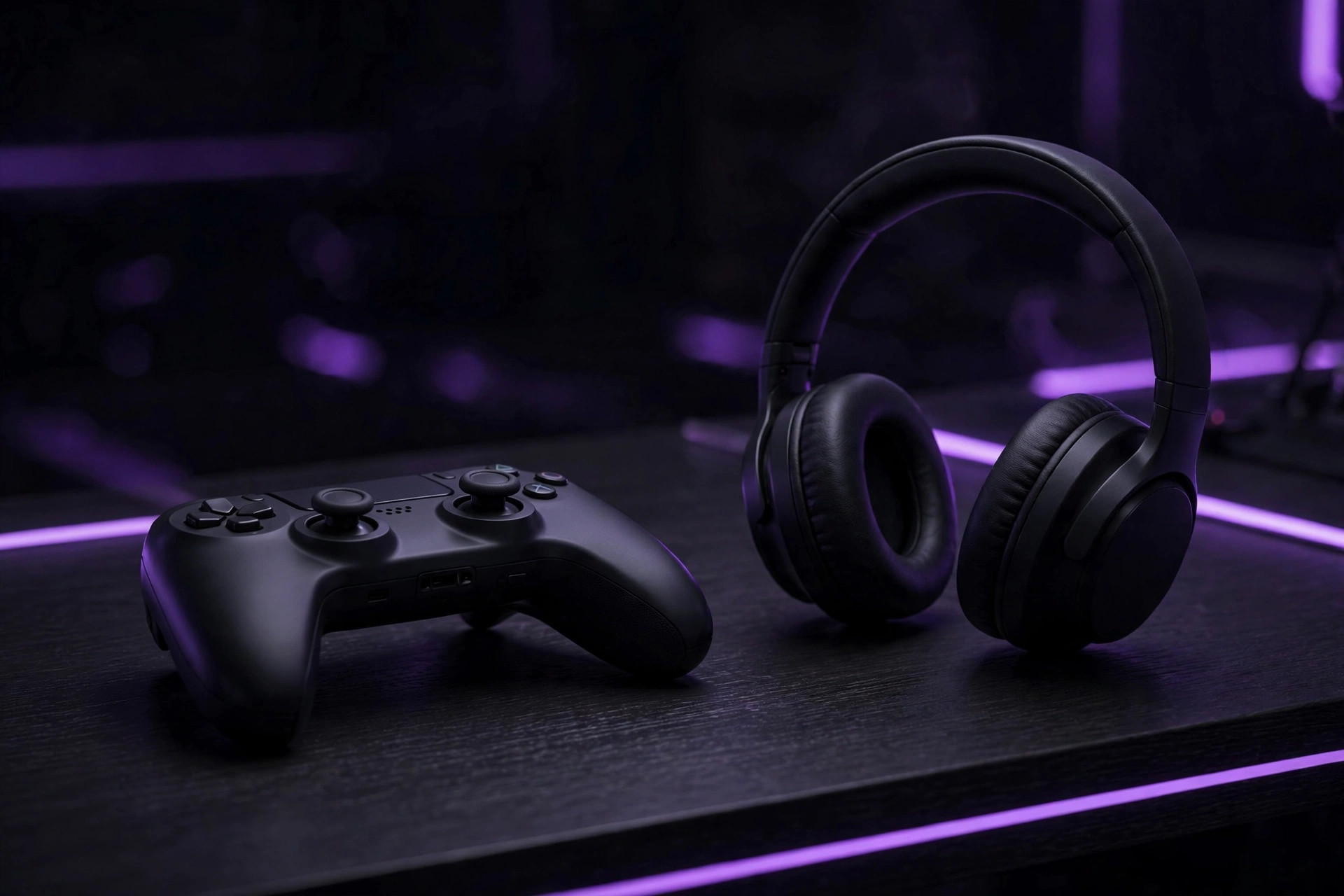 Game controller and headset on a dark desk lit by purple neon