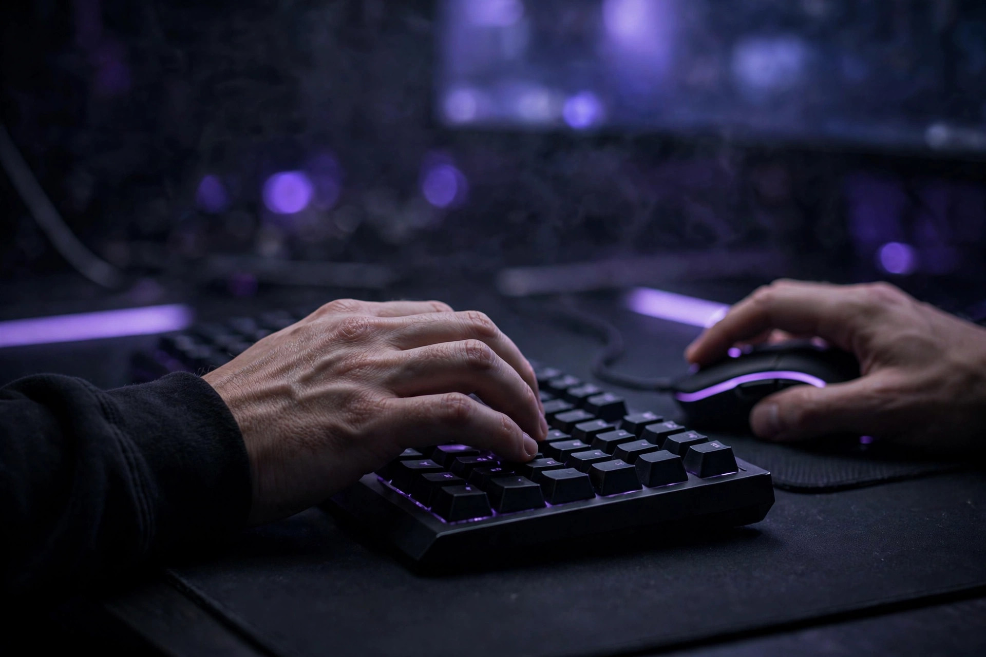 Hands on a keyboard and a glowing gaming mouse on a dark desk