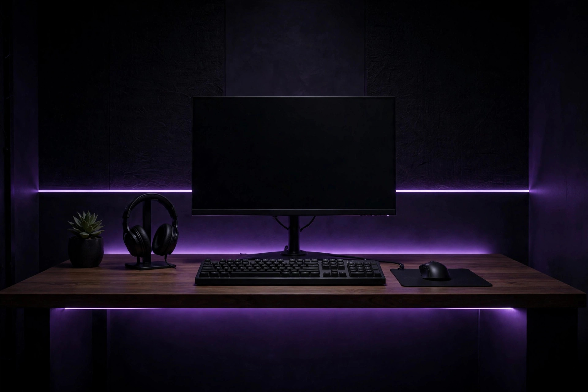 Tidy gaming desk with a centred monitor, keyboard, mouse and headphones under purple neon light