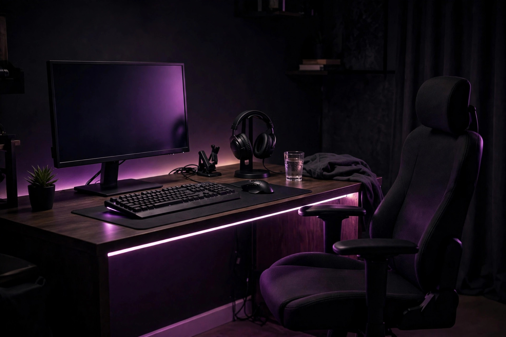 Dark-tech illustration of a complete budget gaming desk setup with purple neon lighting