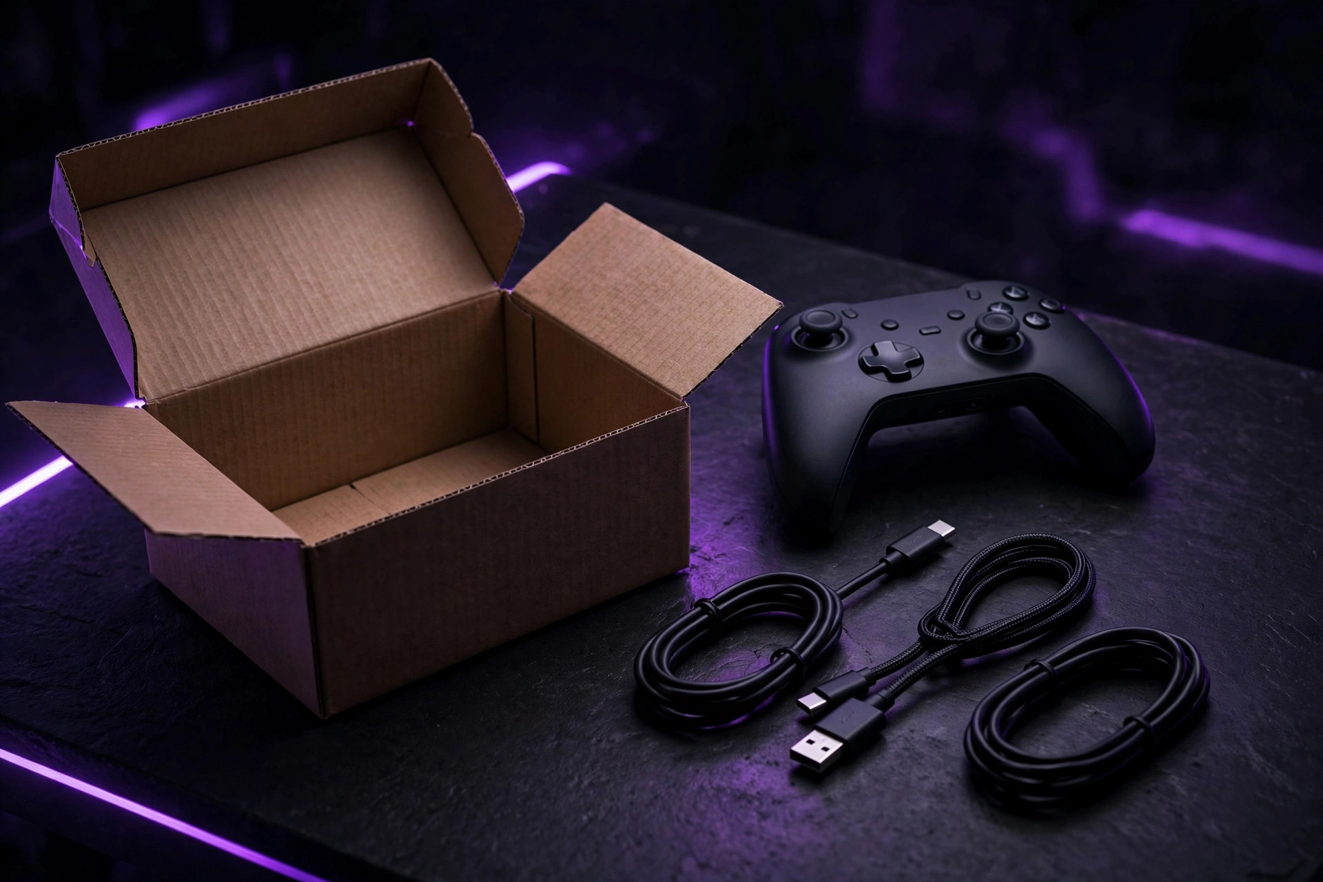 Controller and coiled cables laid out next to an open shipping box