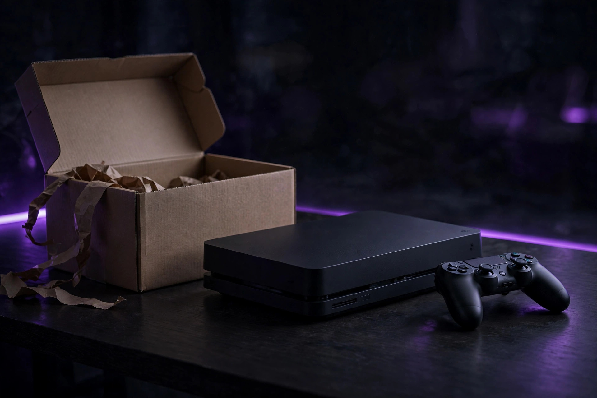 Game console and controller beside an open cardboard box, purple neon glow