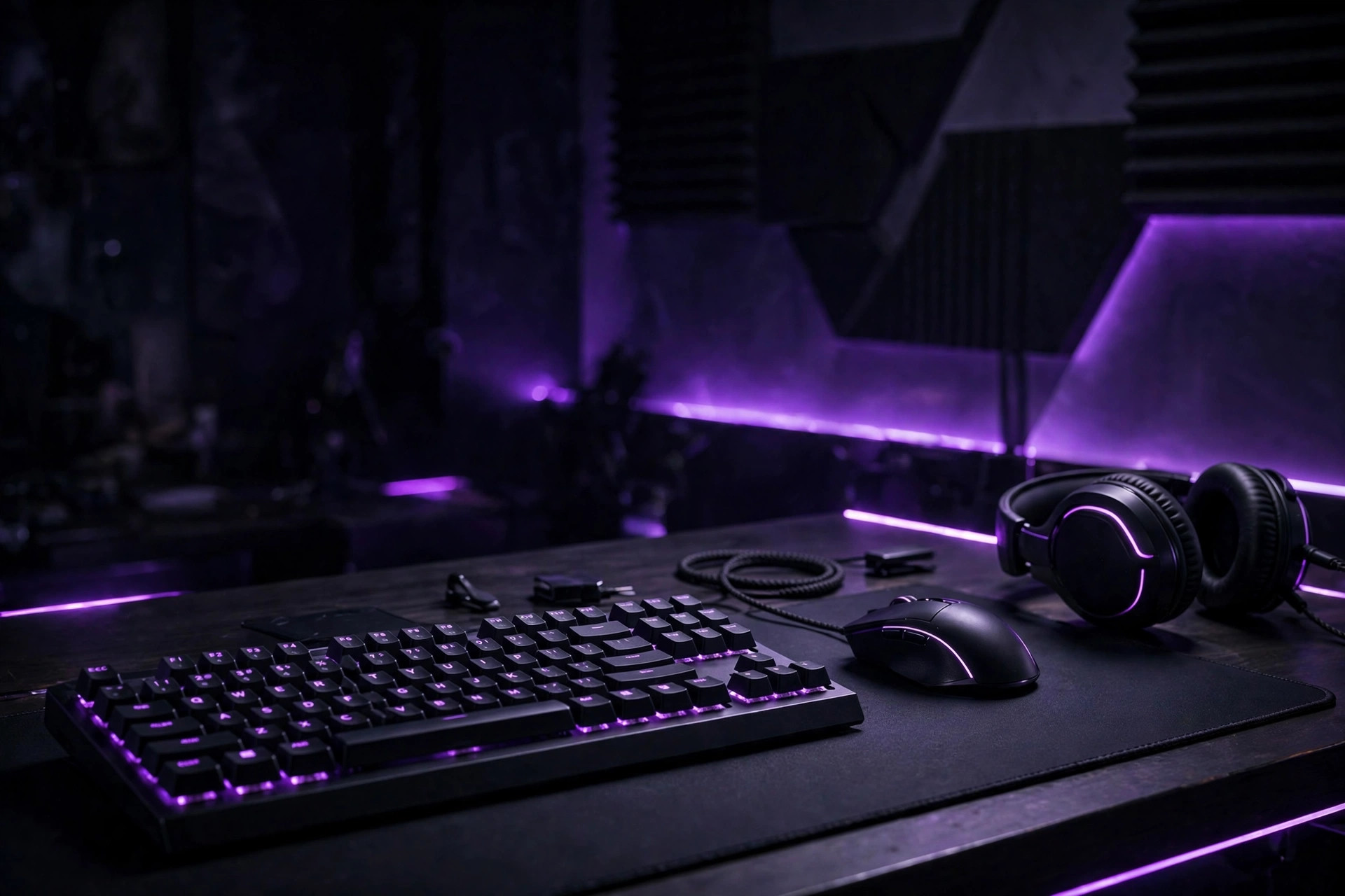 Sleek dark-tech illustration of a gaming setup with purple neon glow: keyboard, mouse, and headset