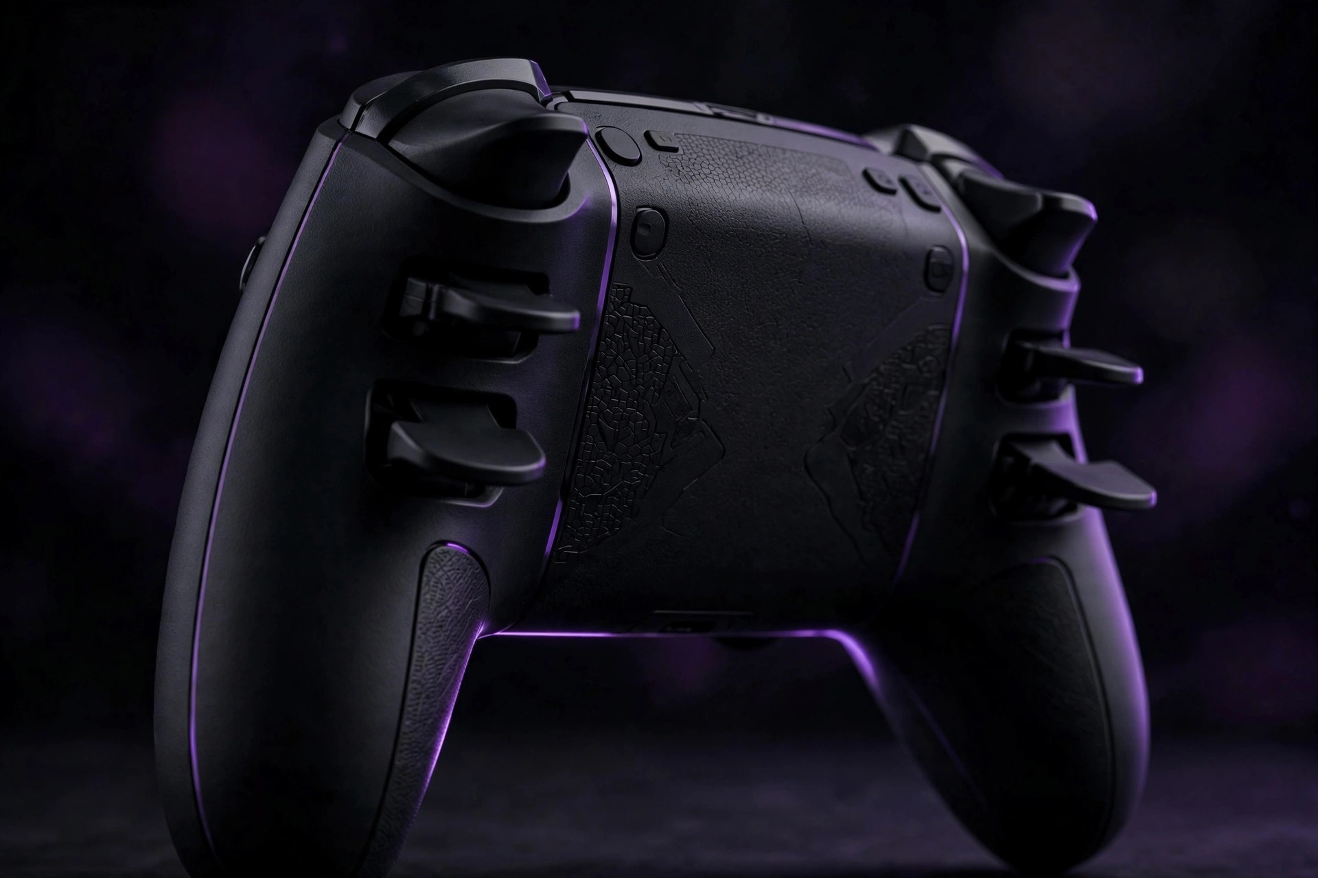 Rear view of a game controller showing back paddles and textured grips