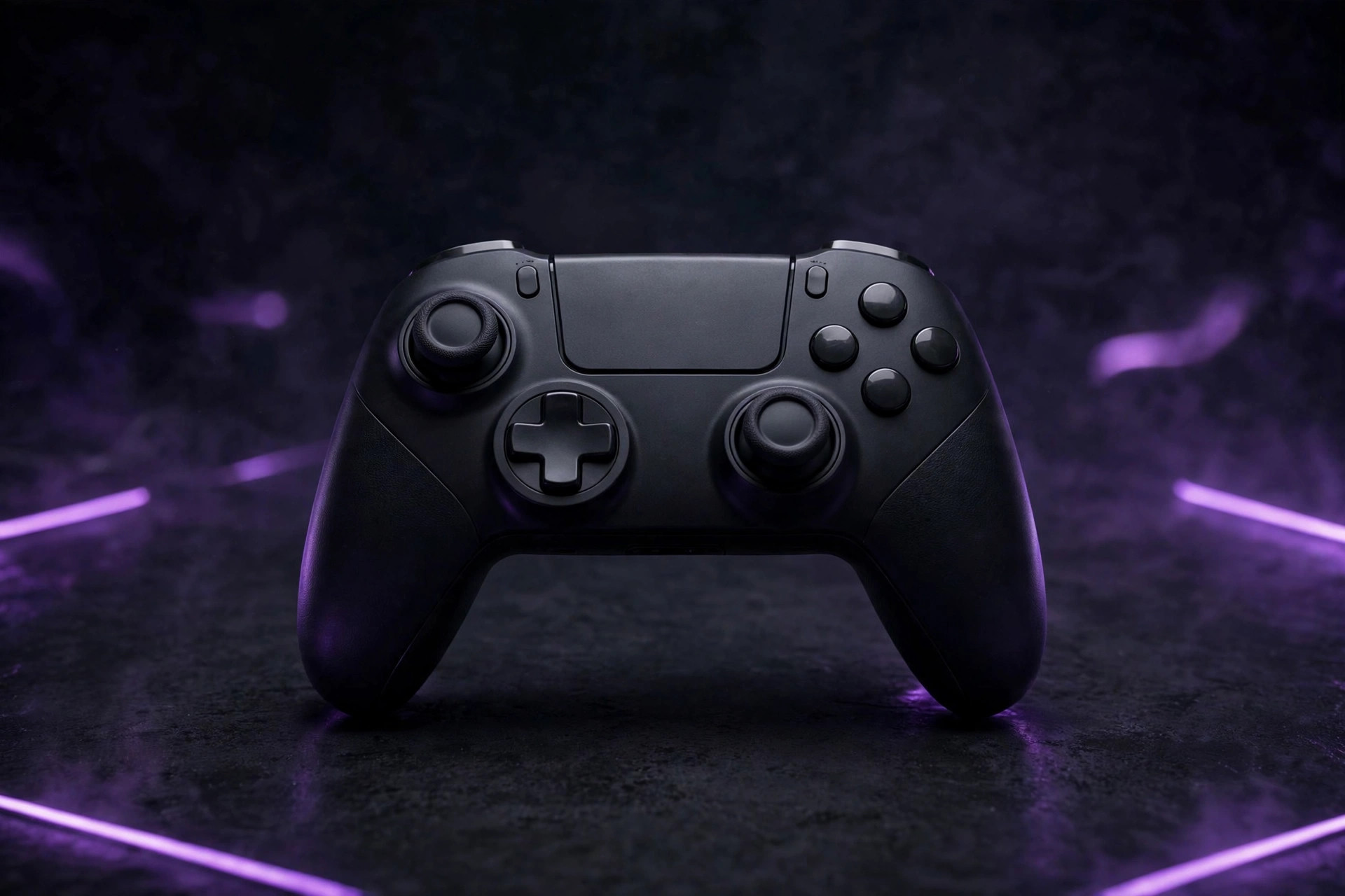 Game controller centered on a dark surface under purple neon light