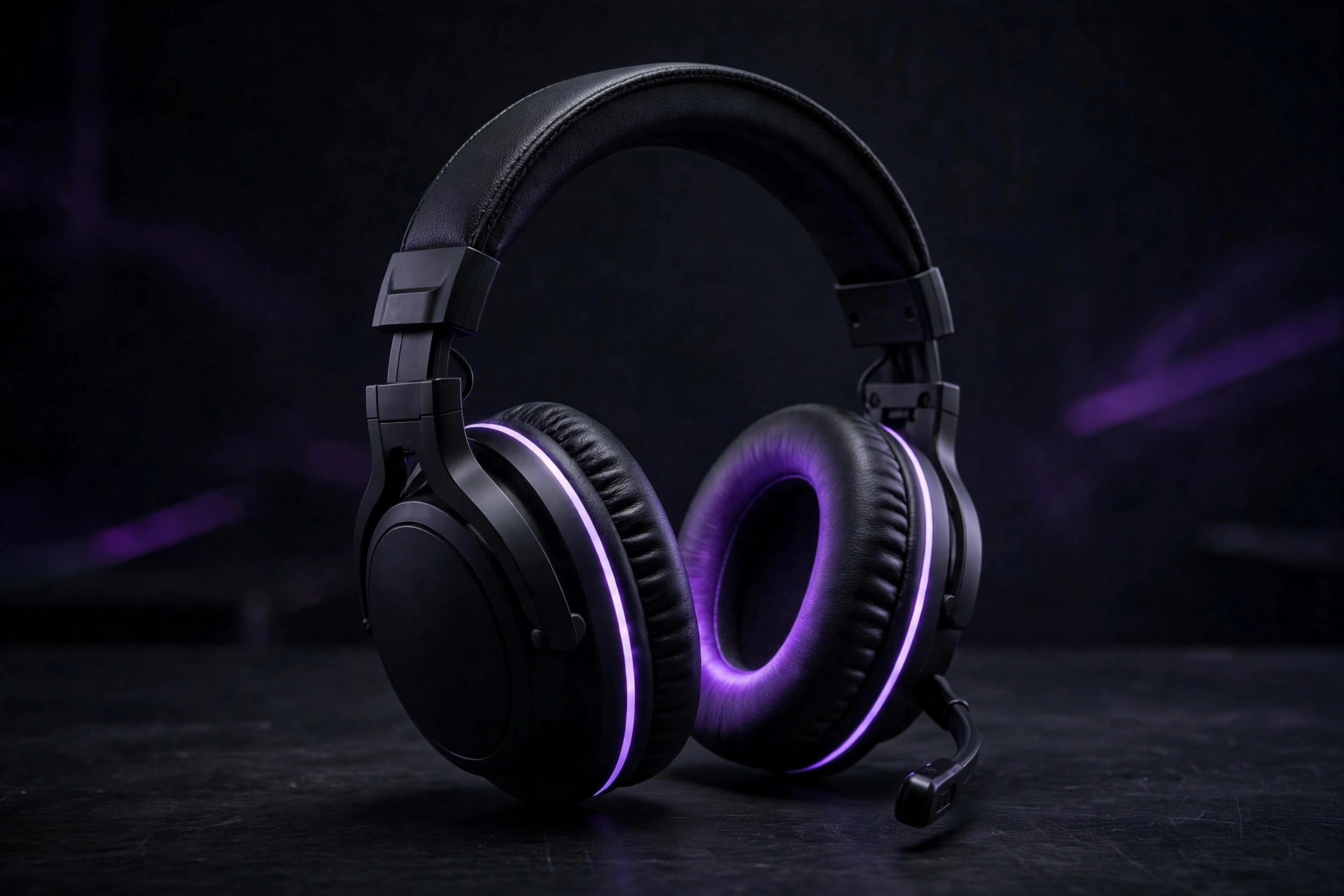 Dark-tech illustration of a gaming headset with glowing purple accents