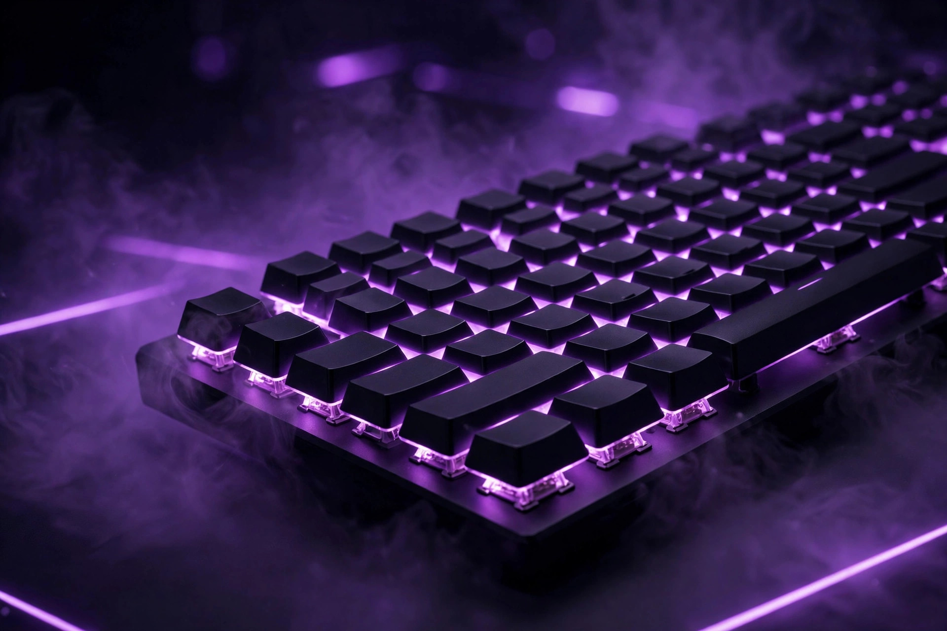 Dark-tech illustration of a backlit gaming keyboard glowing purple in the dark
