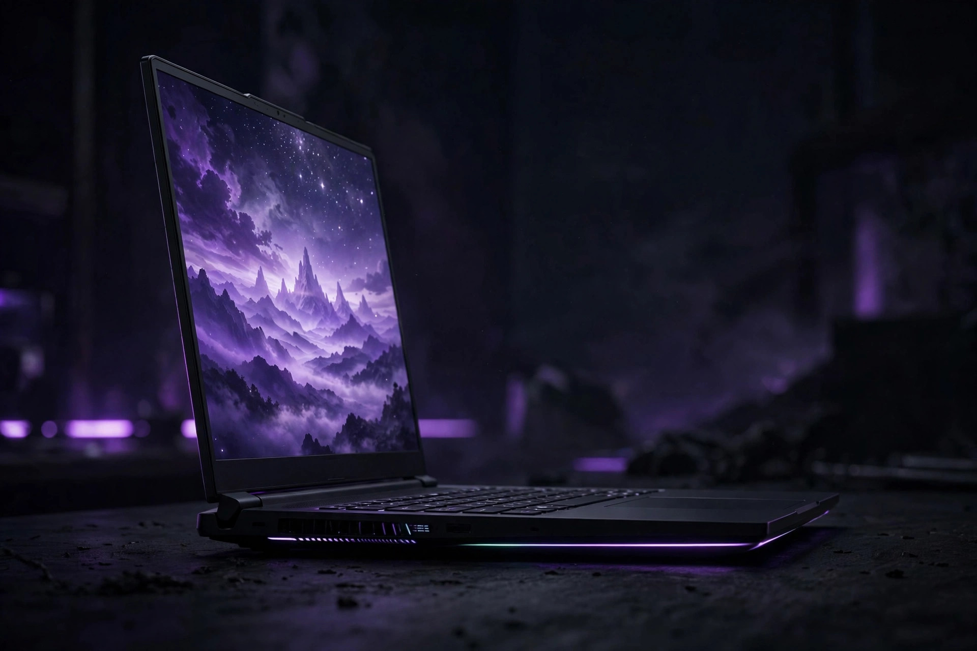 Side view of a gaming laptop showing a purple mountain landscape on its screen