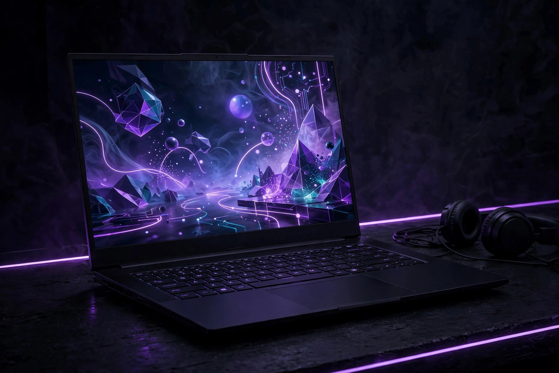 Open gaming laptop on a dark desk showing a purple abstract game scene, headphones beside it