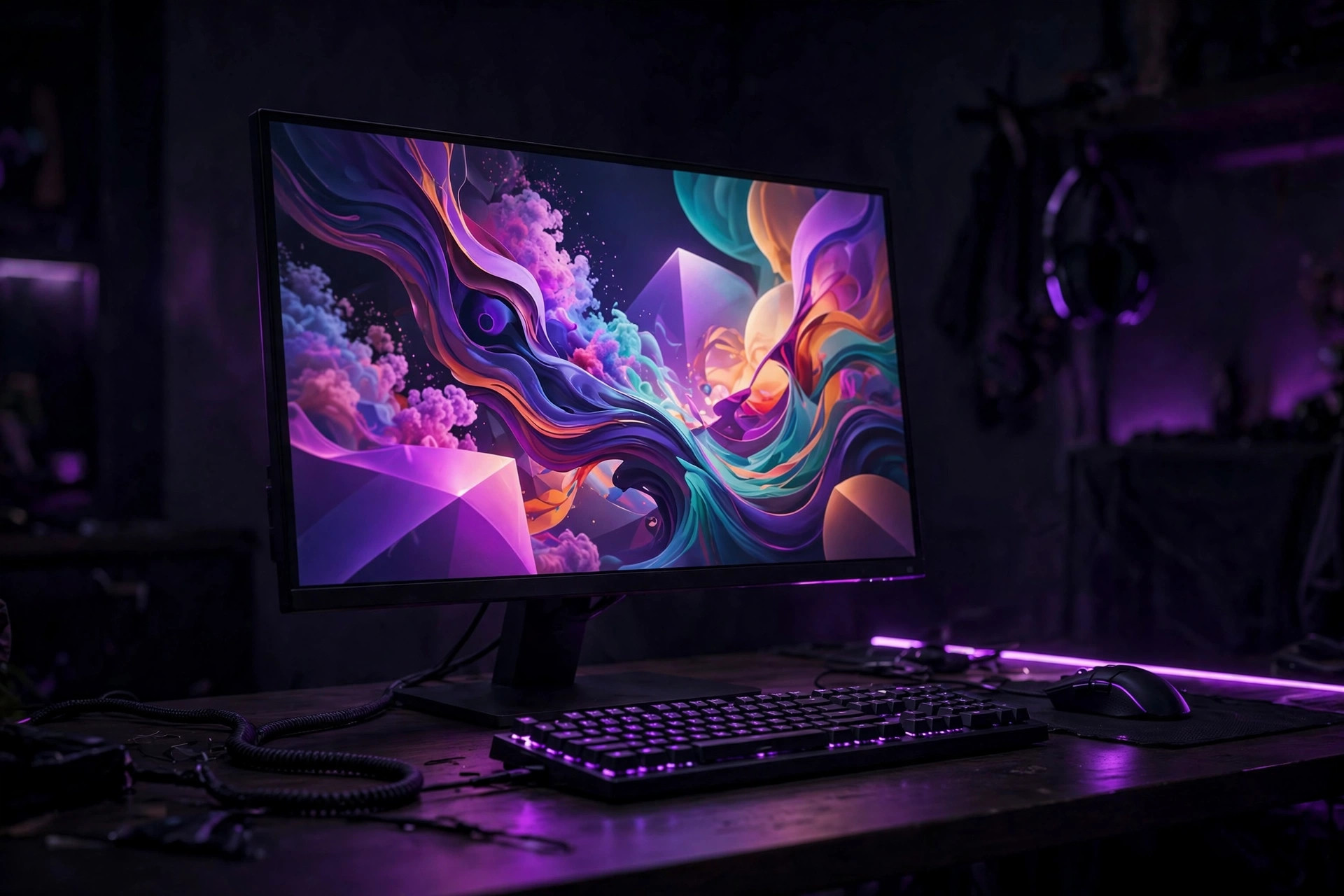 Dark-tech illustration of a gaming monitor displaying a game with purple ambient glow