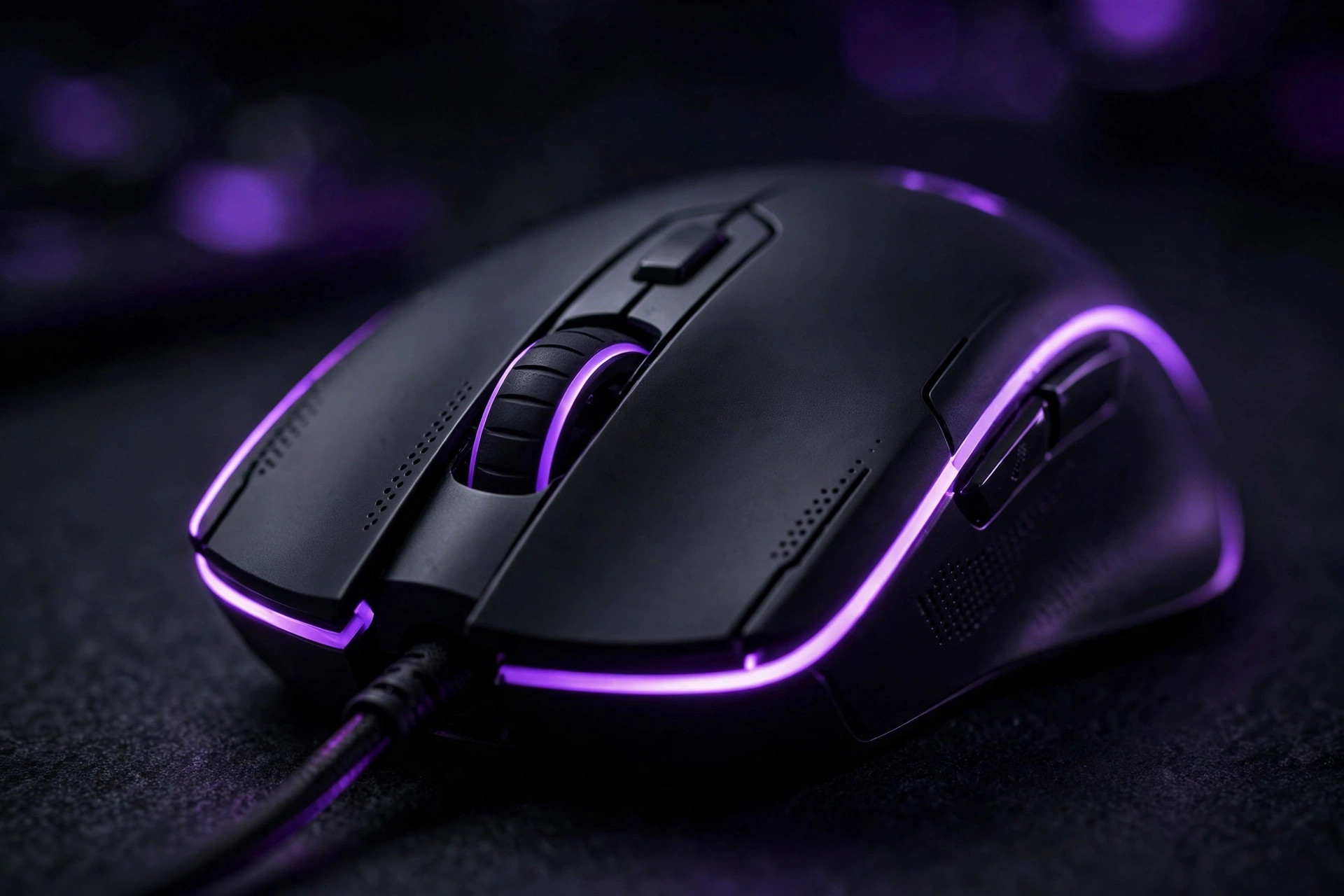 Dark-tech illustration of a gaming mouse with purple neon lighting
